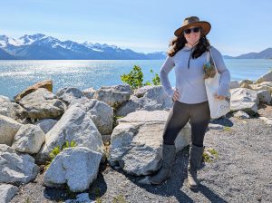 Melissa on the waterfront in Seward. Behind her is Resurrection Bay and the Gulf of Alaska.