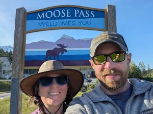Selfie at the Moose Pass sign.