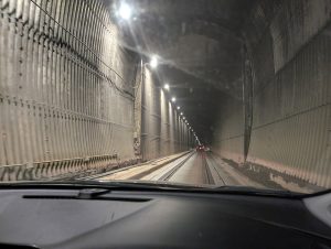 Inside the 2.5-mile tunnel to Whittier. It's one-way only and shared with trains, so traffic each way is managed carefully. It also costs $13 to drive through.